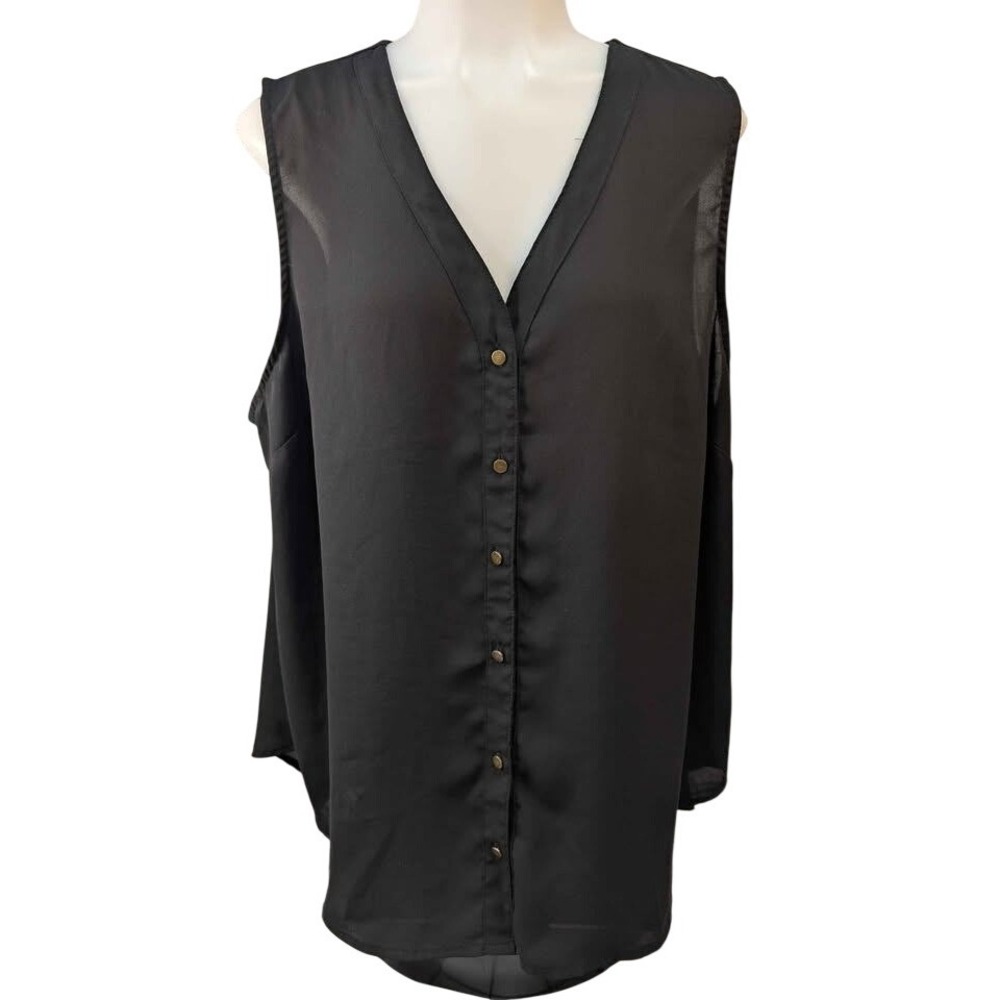 Maurices Button Front Blouse Womens 1X Black Sleeveless V-Neck Sheer Chiffon Top